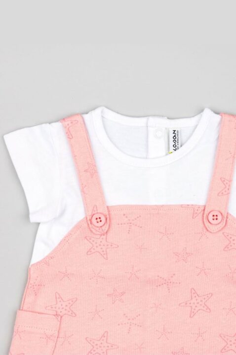 Baby & Kleinkinder Zweiteiler aus 2in1 Sommer Kurzarmkleid & Bloomer Windelhose in Rosa Weiß von Losan - Nahaufnahme Vorderseite Rundhalsausschnitt, Träger, Taschen & Rockteil mit Sternemuster des 2er-Sommersets Outfits für Mädchen