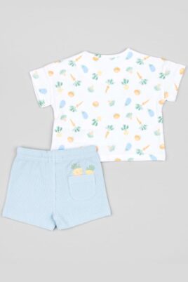 2-teiliges Kleinkinderset & Babyset aus hellblauer kurzer Hose Shorts mit Taschen & Schlupfbund in Ripp-Optik von Losan - Weißes Kurzarmshirt mit Rundhalsausschnitt & All-Over-Muster mit Gemüse, Karotten - Rückansicht Sommer Jungenset & Mädchenset