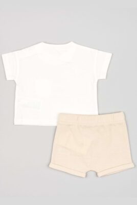 2-teiliges Kleinkinderset & Babyset aus beiger kurzer Hose Shorts mit Beinumschlag, asymmetrischer Knopfleiste & Schlupfbund in Ripp-Optik von Losan - Weißes Kurzarmshirt mit Rundhalsausschnitt & Faultier - Rückansicht Sommer Jungenset