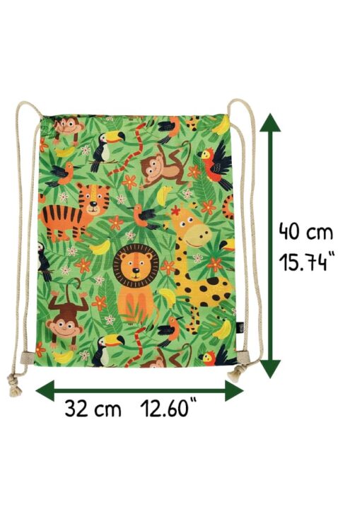 Nachhaltiger hellgrüner Kinder Turnbeutel Sportbeutel mit durchsichtigem Sichtfenster als Namensschild & Dschungeltiere für Kindergarten, Freizeit, Schule von HECKBO - Vorderansicht Detailansicht der Größenangaben 40cm x 32cm