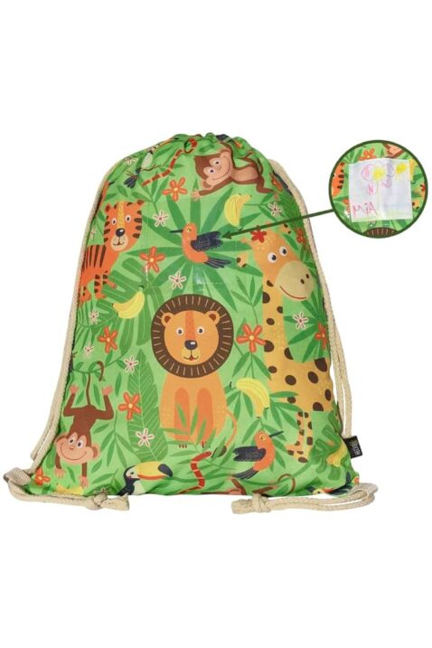 Großer Kinder Turnbeutel mit Sichtfenster durchsichtig & Dschungel Motive Löwe, Giraffe, Affe, Tiger, Vogel, Papagei in Grün von HECKBO - Vorderansicht Kindergartenbeutel & Sportbeutel für Jungen & Mädchen