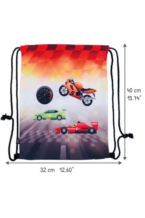 Nachhaltiger, schwarz-orangener Kinder Turnbeutel Sportbeutel mit Rennauto & Motorrad Motiven für Kindergarten, Freizeit, Schule von HECKBO - Vorderansicht Detailansicht der Größenangaben 40cm x 32cm der Kindertasche mit Farbverlauf