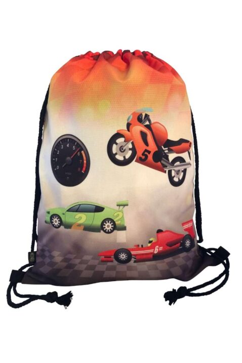 Großer, trendiger Kinder Turnbeutel Kordelzugbeutel Racing mit Rennauto & Motorrad Motive mit buntem orange-schwarzem Farbverlauf von HECKBO - Vorderansicht hochwertiger Kindergartenbeutel & Sportbeutel mit Sportwagen für Jungen