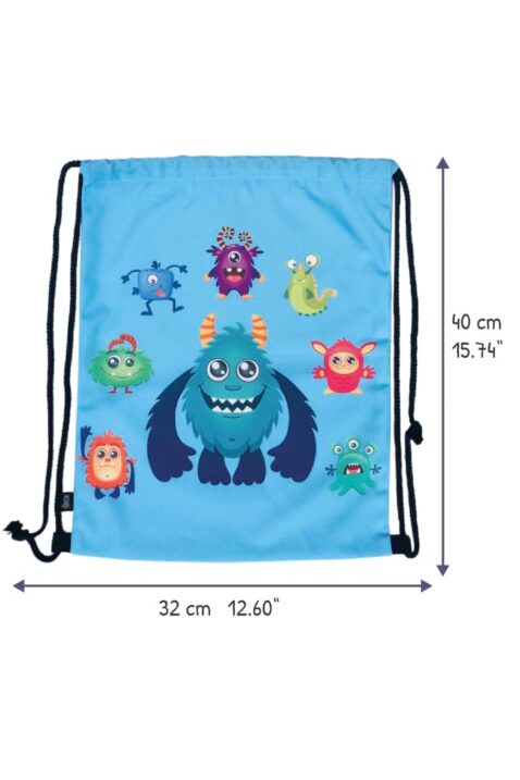 Nachhaltiger, hellblauer Kinder Turnbeutel Sportbeutel mit Monster Motiven für Kita, Kindergarten, Freizeit, Schule von HECKBO - Vorderansicht Detailansicht der Größenangaben 40cm x 32cm der Kindertasche mit Ungheuer Kreaturen