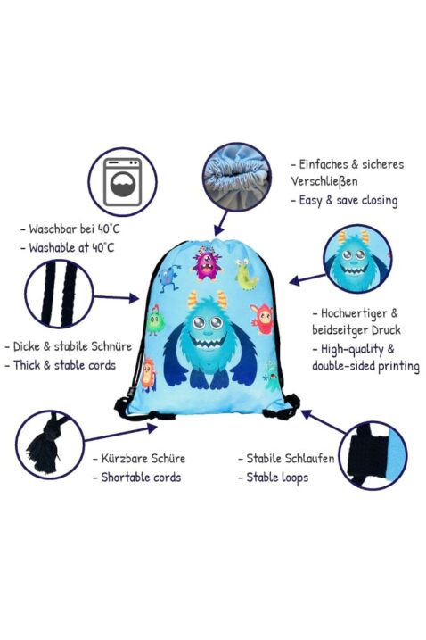 Turnbeutel Kitabeutel für Kinder mit Monster Motiven Print für Jungen in Hellblau von HECKBO - Detailansicht Sportbeutel Vorteile wie waschbar, hochwertiger & beidseitiger Druck, stabile Schlaufen, dicke & kürzbare Kordel