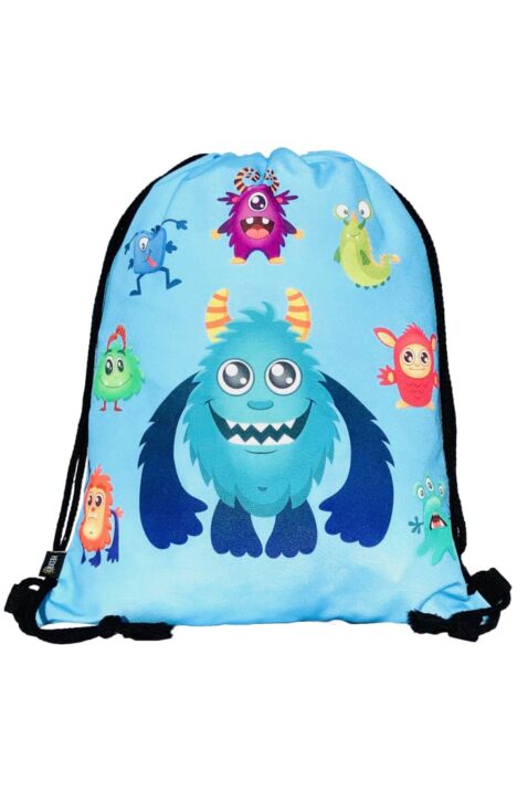 Großer, trendiger Kinder Turnbeutel Kordelzugbeutel Kitabeutel mit bunten Monster Motiven gemustert & robusten Zugbändern in Hellblau von HECKBO - Vorderansicht hochwertiger XL Kindergartenbeutel & Sportbeutel für Jungen