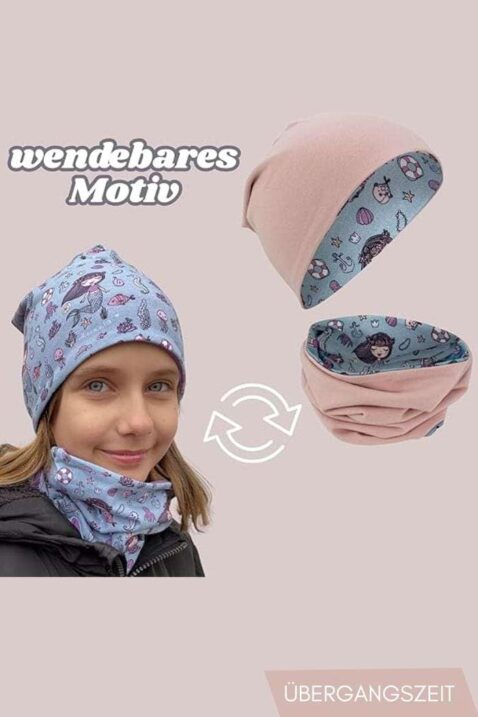 Frühling & Sommer 2er-Set für Kinder aus Wendemütze & Wendeschal, innen rosa unifarben & außen mit Motive Meerjungfrauen, Anker & Seepferdchen in lila blau von HECKBO - Mädchenfoto lachends Mädchen trägt Beanie & Loop