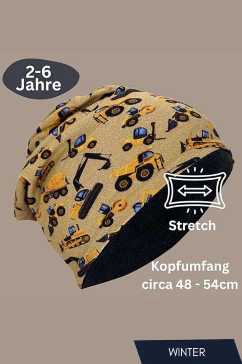 2er Jungenset aus warmer Wintermütze Beanie & Loop mit Bagger, Kran & Gabelstabler Motive in Hellbraun für Herbst & Winter von HECKBO - Details wie mitwachsendes Strechmaterial Vlies, für Kopfumfang 48-54 cm & Kinder von 2 bis 6 Jahren