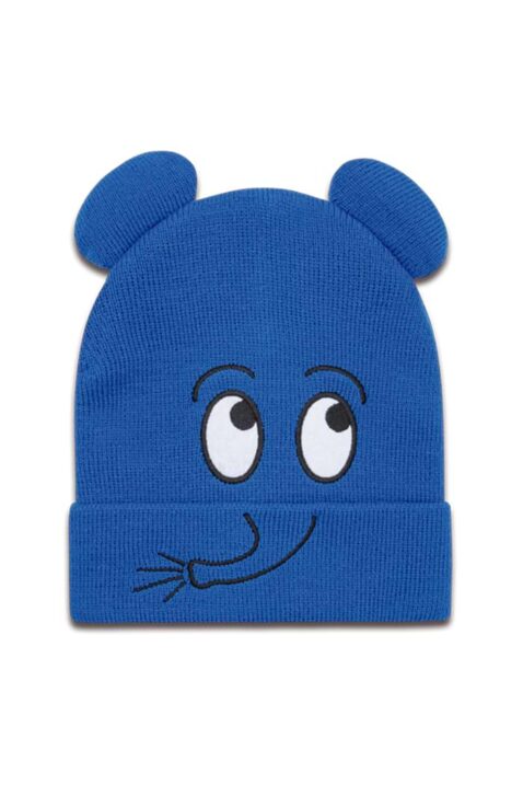 Baby & Kinder Beanie Mütze mit Umschlag & Öhrchen - Der Elefant aus Die Sendung mit der Maus in Blau von KOAA - Vorderansicht Jungen & Mädchen Strick Herbstmütze & Wintermütze lizenziert