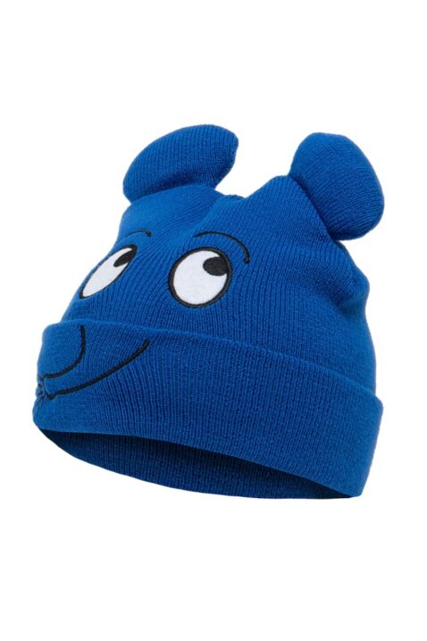 Blaue Baby & Kinder Die Sendung mit der Maus Elephant Strickmütze aus Feinstrick, mit Umschlag unifarben von KOAA - 3D Detailansicht Der Elefant Mütze Mascot für Jungen & Mädchen