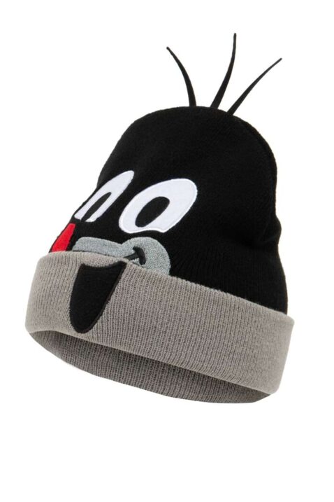 Schwarz-graue Baby & Kinder Der kleine Maulwurf Strickmütze aus Feinstrick, mit Umschlag unifarben von KOAA - 3D Detailansicht kultige Zeichentrickserie Beanie Mütze The little Mole Mascot für Jungen & Mädchen