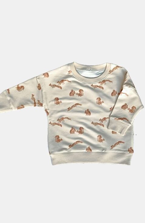 Leichtes Baby & Kinder HANDMADE Sweatshirt mit Eichhörnchen gemustert All-Over-Muster aus Baumwollmischung in Beige von BY TASHA - Vorderansicht Babypullover mit Rundhalsausschnitt für Jungen & Mädchen