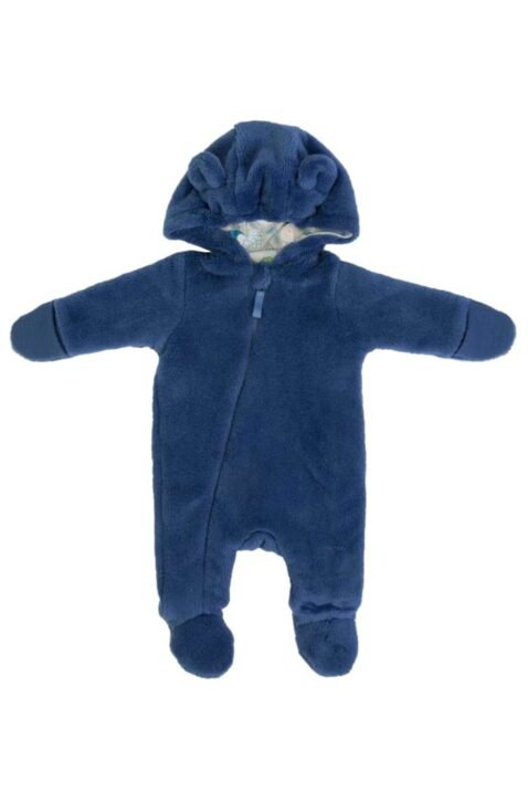 Kleinkinder gefütterter Plüsch Overall mit Füßen, Kapuze mit Öhrchen, Reißverschluss, umstülpbare & integrierte Fäustlinge für Frühling, Herbst & Winter von FS Baby - Vorderansicht blauer Jungen Pinguin Kapuzenoverall Einteiler