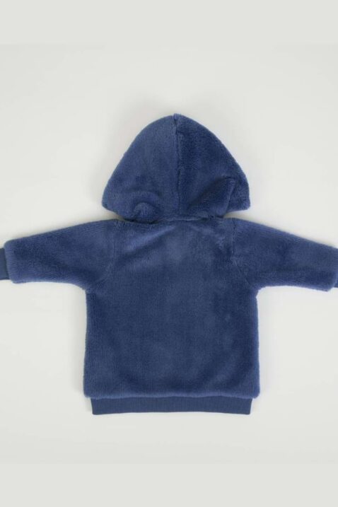 Kleinkinder Plüsch Baby Kapuzenjacke mit gestreifter Innenseite & Reißverschluss in Navyblau für Innen & Außen von FS Baby - Rückansicht kuschelweiche Fleece Jungenjacke Frühling, Herbst & warme Wintertage