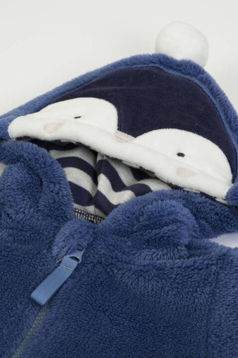 Kleinkinder gefütterte Fleecejacke mit gestreifter Innenseite für Herbst & Winter in Navyblau von FS Baby - Detailansicht Kapuze mit Pinguin Öhrchen, Bommel & Reißverschluss der Jungen Kapuzenjacke Übergangsjacke