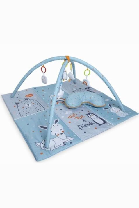 Baby & Kinder Spielbogen mit gepolsterter Decke, Waldtiere gemustert Little Forest & Spielfiguren Igel, Erdmännchen, Regenbogen, Stern, Wolke von TUC TUC - Vorderansicht türkise Krabbeldecke mit Spielbögen Activity