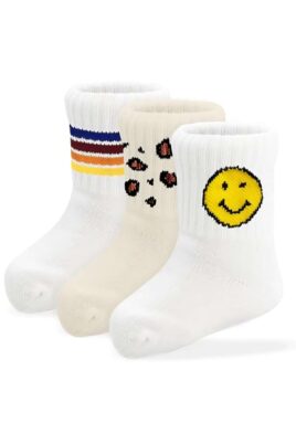 Baby & Kinder 3er-Pack Tennissocken Minis mit Smiley Motiv, Leopardenmuster & IT´S ALL GOOD Statement mit Streifen in Weiß & Beige von J.CLAY Socks - Vorderansicht aller 3 halbhohen Babysocken & Kindersocken von 0 bis 4 Jahren