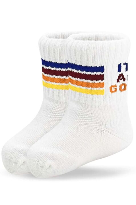 Stylische & hochwertige weiße Premium Statement Tennissocken Baumwollsocken mit IT´S ALL GOOD Print & bunter Streifen von J.CLAY Socks - Vorderansicht strapazierfähige & nachhaltige Kinder- & Babysocken