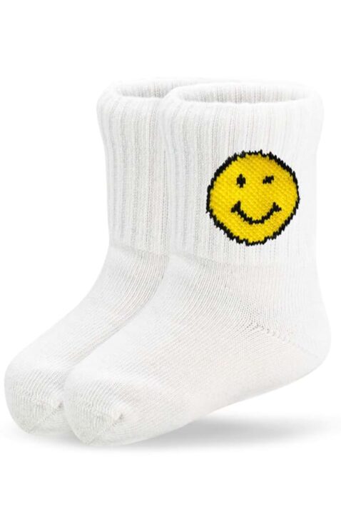 Weiße Mini Baby & Kinder Tennissocken mit gelbem SMILEY Motiv & geripptem Schaft von 0 bis 4 Jahre aus Baumwollmix von J.CLAY Socks - Vorderansicht halbhohe Babysocken & Kindersocken, fair & nachhaltig in Portugal gefertigt