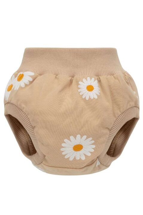Beige Baby & Neugeborenen Frühling Sommer kurze Pumphose Bloomer mit Gänseblümchen Motiven & Schlupfbund aus atmungsaktiver Baumwollmischung von PINOKIO - Vorderansicht Windelabdeckung Schlupfhose für Mädchen & Jungen