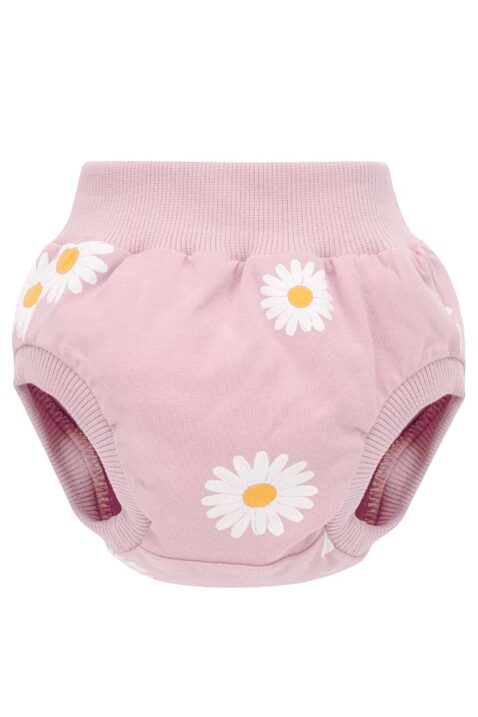 Hellrosa Baby & Neugeborenen Bloomer Shorts mit Gänseblümchen Print für Mädchen aus hochwertiger Baumwollmischung von PINOKIO - Vorderansicht kurze Pumphose Sommerhose mit breitem Bund als Windelabdeckung