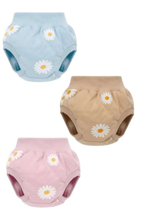 Kurze Sommer Kleinkinder & Baby Blommers Shorts mit Gänseblümchen gemustert & breitem Bund in den Farben Beige, Rosa & Blau aus Baumwollmischung von PINOKIO - Vorderansicht Neugeborenen Windelabdeckung mit Blumenprint