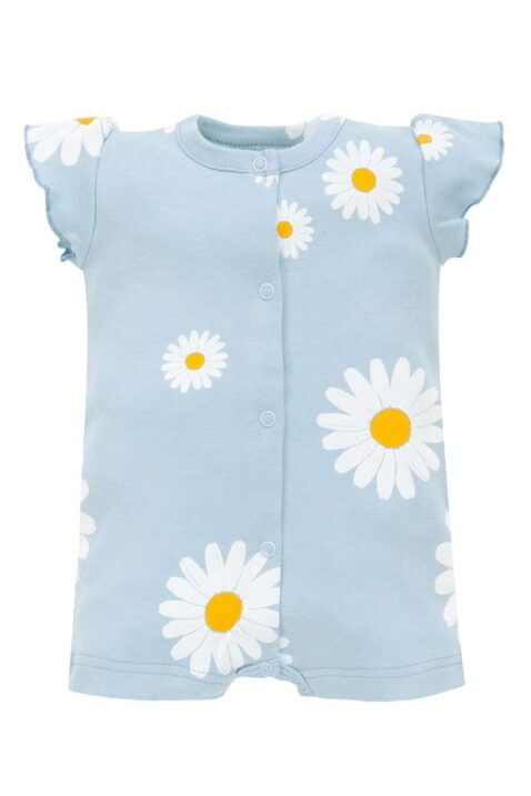 Hellblauer Sommer Kurzoverall Spieler für Mädchen mit Gänseblümchen Motive, Knopfleiste & Rüschenärmel von PINOKIO - Vorderansicht kurzer Rundhals Sommer-Overall mit kurzen Ärmeln für Babys & Neugeborene