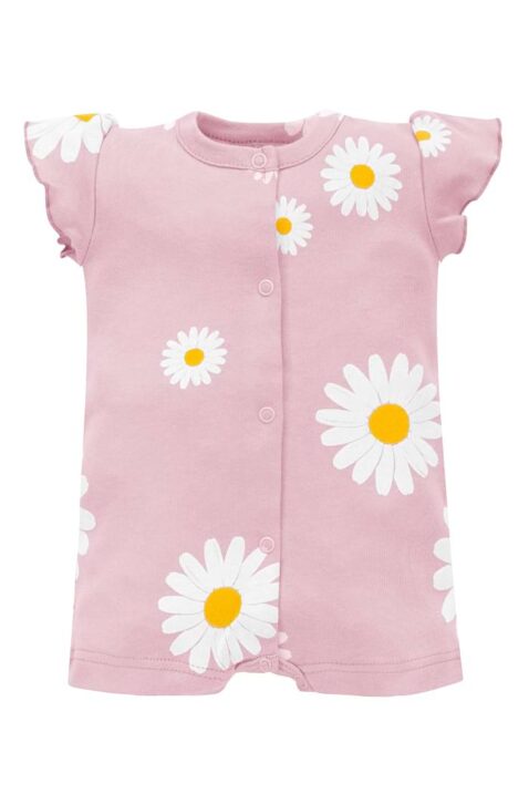 Hellrosa kurzer Overall Babyspieler mit Knopfleiste, Gänseblümchen Motive & Rüschenärmel für den Sommer von PINOKIO - Vorderansicht Mädchenspieler Einteiler mit Rundhalsausschnitt für Neugeborene & Babys