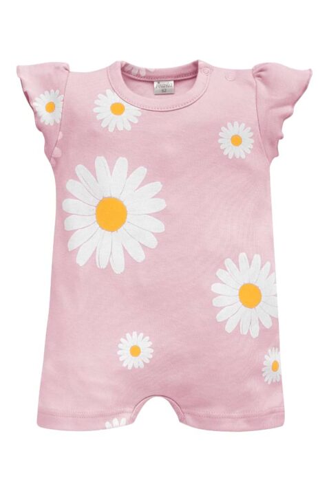 Hellrosa kurzer Overall Babyspieler mit Gänseblümchen Motive & Rüschenärmel für den Sommer von PINOKIO - Vorderansicht Mädchenspieler Einteiler mit Rundhalsausschnitt für Kleinkinder & Babys