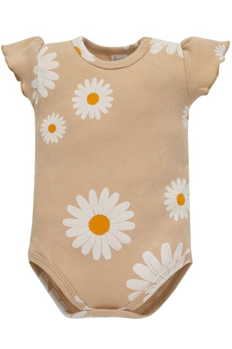 Beiger Body kurzarm mit Gänseblümchen All-over Print gemustert & Rüschen aus Baumwolle für Babys & Kleinkinder von PINOKIO - Vorderansicht kurzer leichter Sommerbody mit kurzen Ärmeln für Mädchen