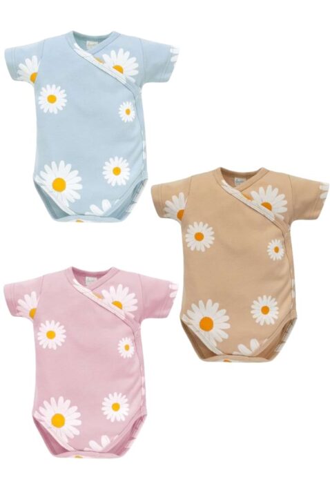 Beiger, hellrosa & hellblauer Wickelbody kurzarm mit Gänseblümchen Motive für den Sommer von PINOKIO - Vorderansicht aller drei Mädchenbodys Kurzarmbodys für Babys & Neugeborene