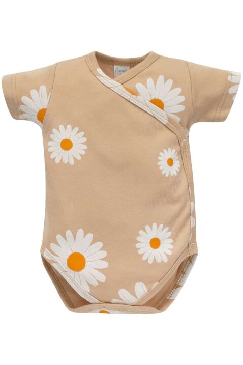 Beiger Wickelbody kurzarm mit Gänseblümchen All-over Print gemustert aus Baumwolle für Babys & Neugeborene von PINOKIO - Vorderansicht kurzer leichter Sommerbody mit kurzen Ärmeln für Mädchen
