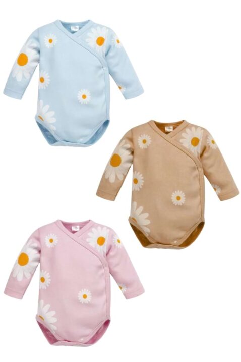 Beiger, hellrosa & hellblauer Wickelbody langarm mit Gänseblümchen Motive von PINOKIO - Vorderansicht aller drei Mädchen-Bodys Langarmbodys für Babys & Neugeborene aus 100% Baumwolle