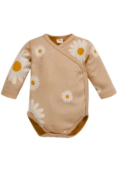Beiger Wickelbody langarm mit Gänseblümchen All-over Print gemustert aus 100% Baumwolle für Babys & Neugeborene von PINOKIO - Vorderansicht Babybody mit langen Ärmeln für Frühling & Sommer