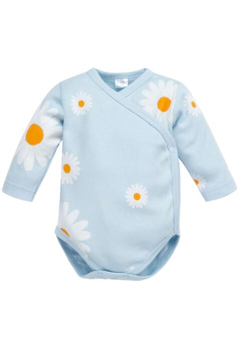 Hellblauer Mädchen Wickelbody langarm mit Gänseblümchen Blumenmotive für Babys & Neugeborene von PINOKIO - Vorderansicht hochwertiger Babybody Sommerbody mit langen Ärmeln aus Baumwolle