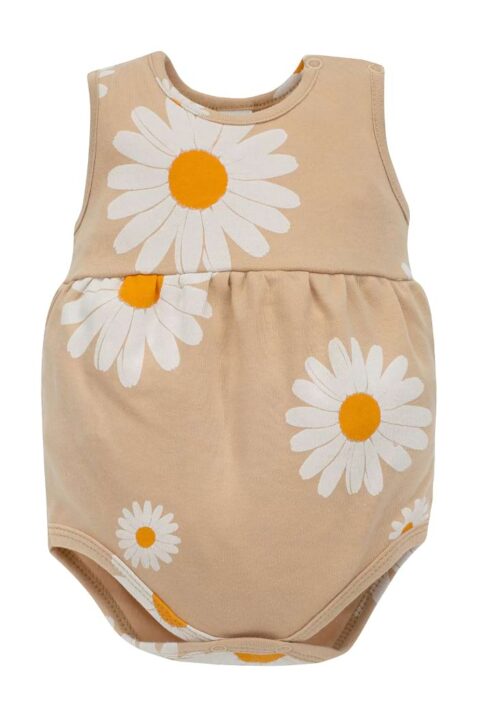 Beiger Baby & Kleinkinder Trägerbody ohne Arm mit Gänseblümchen All-Over-Print gemustert & Raffungen aus 100% Baumwolle von PINOKIO - Vorderansicht leichter Mädchen Babybody Romper ärmellos für Frühling & Sommer