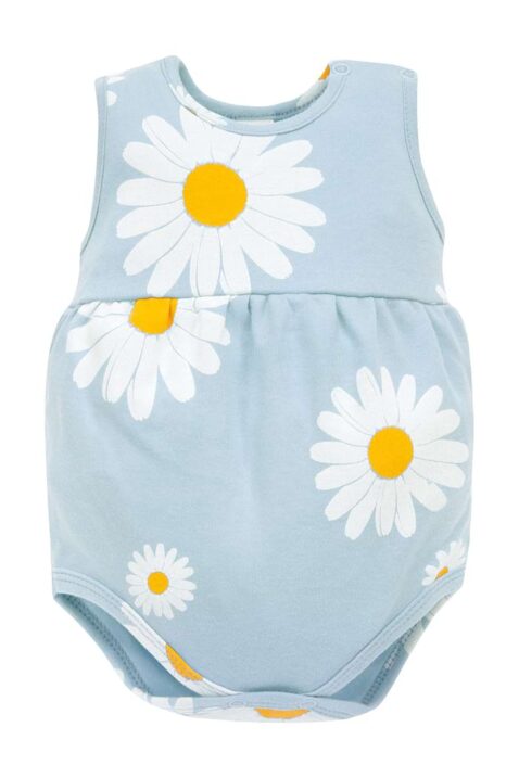 Hellblauer Mädchen Sommer Träger-Body Romper ohne Arm mit Gänseblümchen Blumenmotiven & gerafften Details für Babys & Kleinkinder von PINOKIO - Vorderansicht hochwertiger Einteiler Babybody ärmellos aus Baumwolle