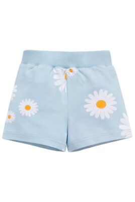 Kurze hellblaue Mädchen Schlupfhose Babyhose mit Gänseblümchen Blumenmotiven & breitem Bund für Babys & Kleinkinder von PINOKIO - Vorderansicht leichte Baby-Shorts Sommerhose aus Baumwollmischung