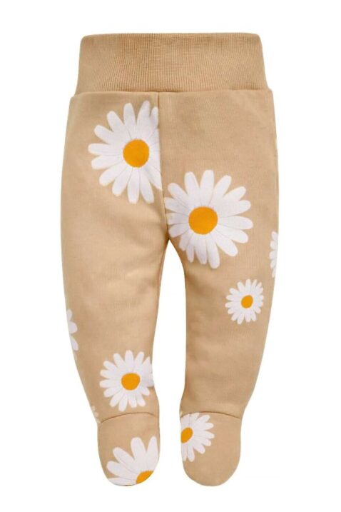 Beiger Halb-Strampler mit Füßen, Gänseblümchen All-over-Print gemustert & breitem Komfortbund aus Baumwolle für Babys & Neugeborene von PINOKIO - Vorderansicht Mädchen Babyhose mit Füßen