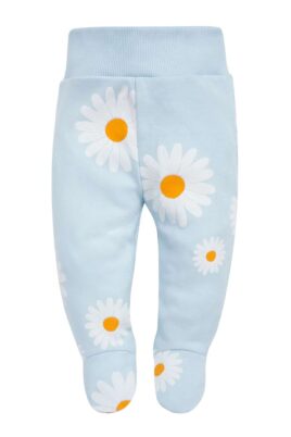 Hellblaue Mädchen Schlupfhose Strampelhose für Babys mit Fuß, Gänseblümchen Blumenmotiven & breitem Bund für Kinder & Neugeborene von PINOKIO - Vorderansicht weiche Baumwollhose Babyhose mit Fuß