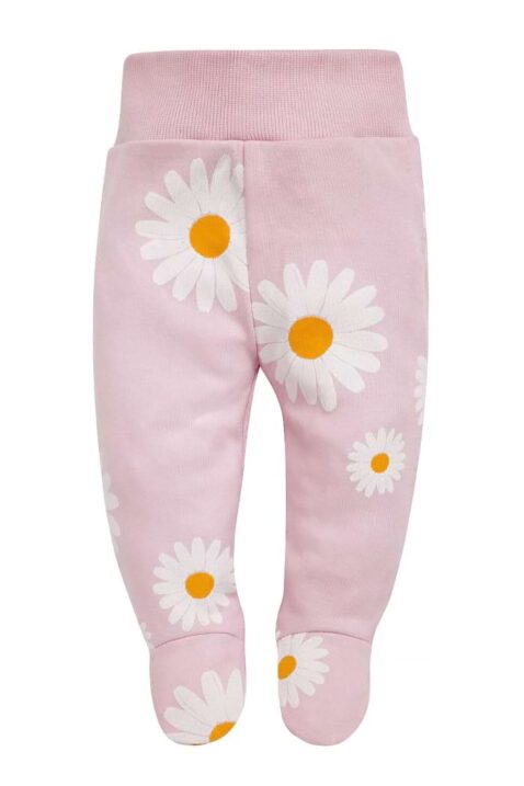 Hellrosa Baby & Kinder Strampelhose mit Fuß, Gänseblümchen Motiven & breitem Schlupfbund von PINOKIO - Vorderansicht lange Mädchen Schlafhose Stramplerhose für Neugeborene mit Füßen aus Baumwolle