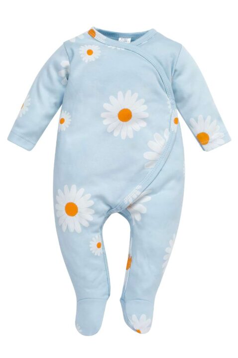 Hellblauer Mädchen Einteiler Schlafstrampler für Babys mit Fuß, Gänseblümchen für Kinder & Neugeborene von PINOKIO - Vorderansicht langer Baumwollstrampler Wickel-Schlafanzug mit Fuß