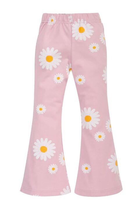 Hellrosa Baby & Kinder Flared Leggings mit Schlag, ausgestelltem Bein, Schlupfbund & Gänseblümchen Blumenmotiven von PINOKIO - Vorderansicht lange Mädchen Leggings Schlaghose aus atmungsaktiver Baumwollmischung
