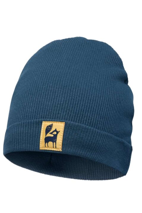 Gerippte navy-blaue Baby & Kinder Knit Ribbed Beanie Übergangsmütze mit Umschlag & Fuchs Tier-Patch aus Baumwollmischung von PINOKIO - Vorderansicht Babymütze & Kindermütze unifarben aus Rippstrick für Jungen & Mädchen