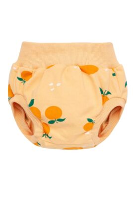 Orange gelbe Baby & Neugeborenen Bloomer Shorts mit Orangen Motive aus hochwertiger Baumwollmischung von Pinokio - Vorderansicht kurze gemusterte Früchte Kleinkinder Pumphose Sommerhose mit breitem Bund als Windelabdeckung für Jungen & Mädchen