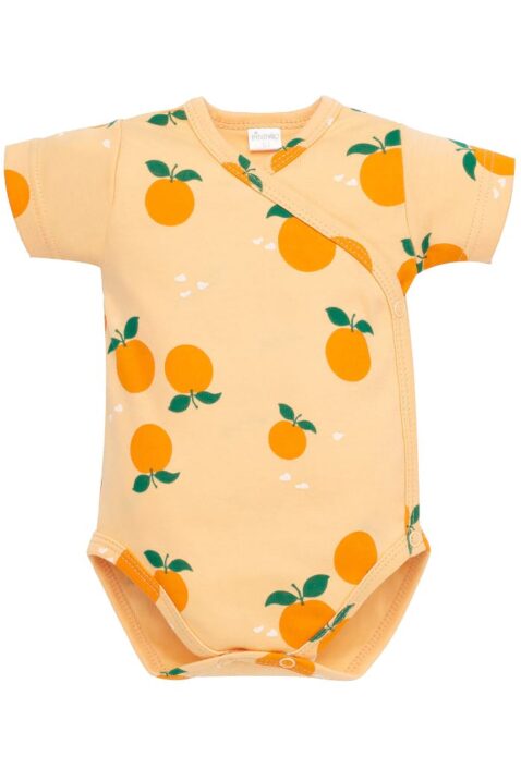 Orange gelber Wickelbody kurzarm mit Orangen Obst Motive aus Baumwolle für Neugeborene, Babys & Kleinkinder von PINOKIO - Vorderansicht leichter Sommer Kurzarmbody für Jungen & Mädchen