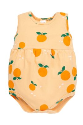 Orange gelber Mädchen Romper-Body ärmellos mit Orangen Obst gemustert & Raffungen für Babys & Kleinkinder von PINOKIO - Vorderansicht Sommer Träger-Body ohne Ärmel aus Baumwolle