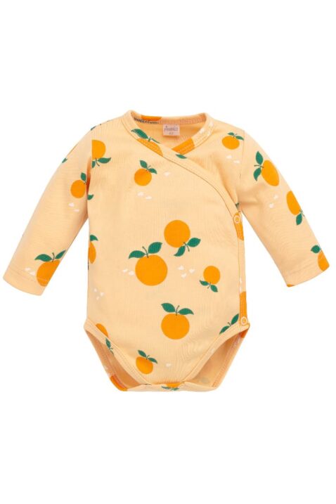 Orange gelber Wickelbody langarm mit Orangen gemustert aus Baumwolle für Babys & Neugeborene von PINOKIO - Vorderansicht Langarmbody Babybody mit langen Ärmeln für Frühling & Sommer