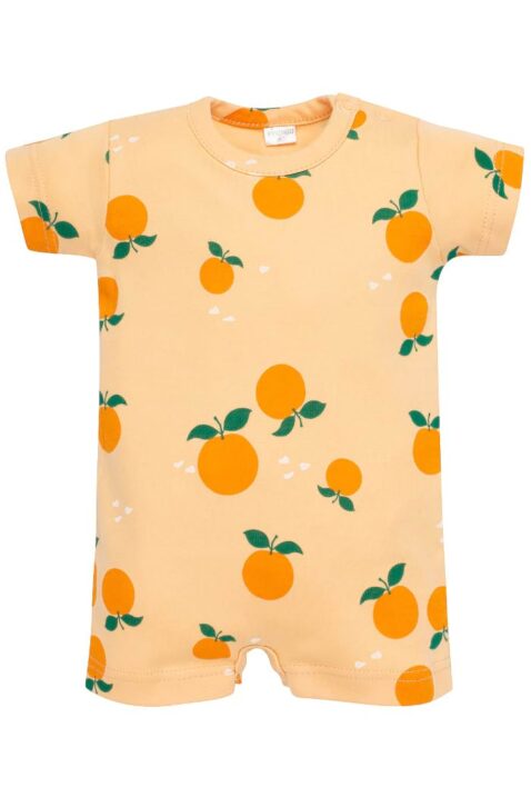 Orange gelber kurzer Overall Spieler kurzarm mit Orangen Obst gemustert & Rundhalsausschnitt aus Baumwolle für Babys & Kleinkinder von PINOKIO - Vorderansicht leichter Sommeroverall Einteiler