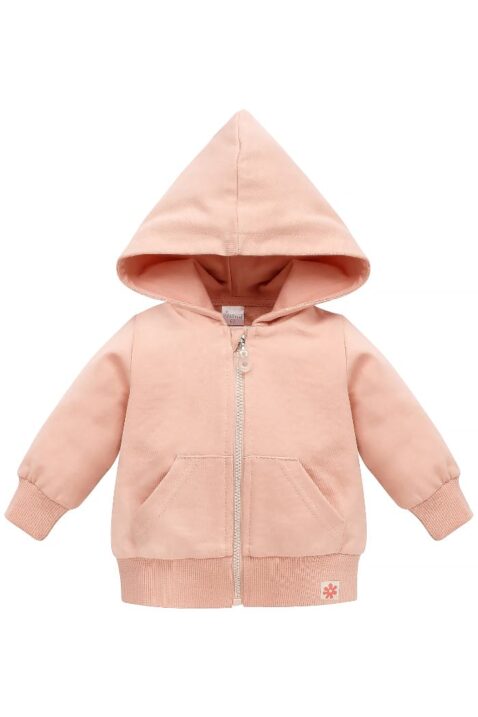 Baby & Kleinkinder Kapuzen-Sweatjacke mit Reißverschluss, Blumen Patch & elastischen Bündchen in Hellrosa von PINOKIO - Vorderansicht Kapuzenjacke Mädchenoberteil langarm & großer Kapuze aus Baumwolle